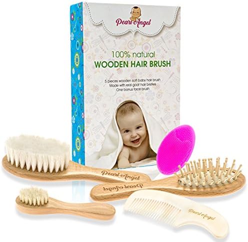5 Pack Wooden Baby Hair Brush And Comb Set, For Newborns | Ultra Soft Wooden Brush | Baby Brush And Comb Set - Cradle Cap Brush And Infant Hair Brush - Baby Comb, Baby Registry And Gift Wrap Available
