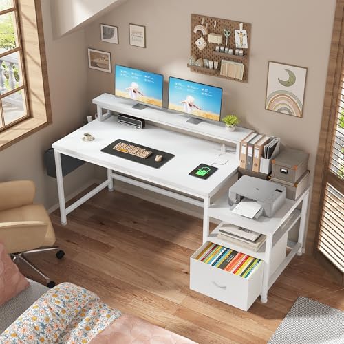 Image of EnHomee 56.5 inch Office Desk with Drawers & Printer Space for Home Work,White | Computer Desk with 3 AC Outlets& 2 USB Ports,40 inch*7 inch Long Monitor Stand,Side Pockets with Storage Space,Home Office,Bedroom