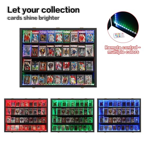 Image of KCRasan 36 Graded Sports Card Display Case with LED - Baseball Card Display Frame Lockable - Trading Card Collector Wall Display Holder for Basketball Football Hockey Cards, UV Protection Acrylic
