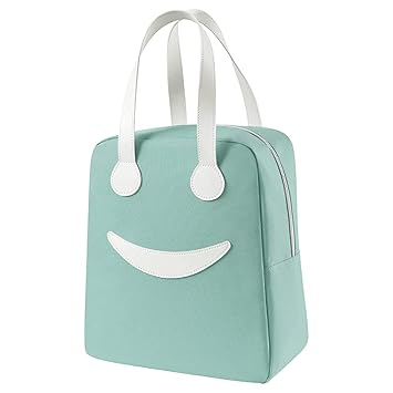 Insulated Lunch Bag for Men Women Kids Boy Girl, Smiley Design Tote Lunch Bag with Aluminum Foil for Work, School, Picnic, Outdoor (Large, Green)