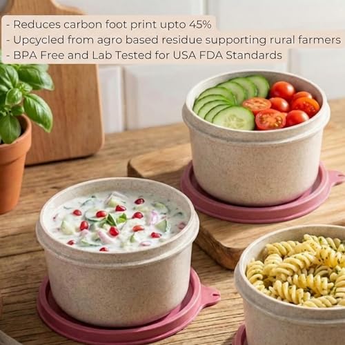 Image of Happy Cove Eco Friendly Lunch Box for Office Use | Biocomposite Wheat Straw, Rice Husk & Bamboo Fibre | 3 Pink Containers with Grey Lunch Bag | Microwave & Oven Safe | Unbreakable Tiffin Box for Men