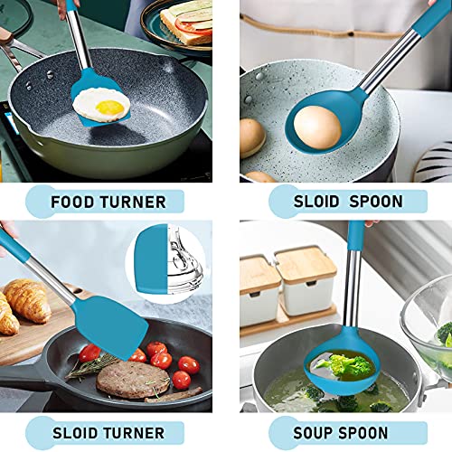 Image of Silicone Cooking Kitchen Utensil Set, Umite Chef 34pcs Heat Resistant Kitchen Utensils with Holder, Kitchen Spatula Set with Wooden Handle, Kitchen Gadget Tools for Nonstick cookware (Blue)