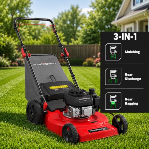 Image of PowerSmart 21-Inch Gas Self-Propelled Lawn Mower, 170cc OHV Engine, Reinforced Steel Deck, 3-in-1 Bagging /Mulching /Rear Discharge, 6 Cutting Heights (1.5 inch-3.9 inch), 10 inch Rear Wheels, Foldable Handle