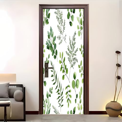 Autoadhesivo Pegatinas Para Puertas 95x215 cm PatróN De Hojas Verdes Pegatinas Impermeables, Blanco 3D Vinilos Pegatina para Puertas DecoracióN Del Hogar BañO u Oficina