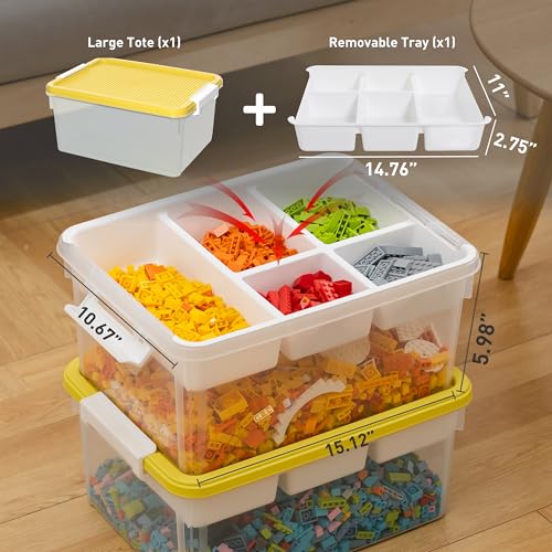 Image of Citylife 17 QT Plastic Storage Box with Building Baseplate Lid and Removable Tray Craft Organizers and Storage Clear Storage Container for Organizing Bead, Tool, Sewing, Yellow-4 Packs