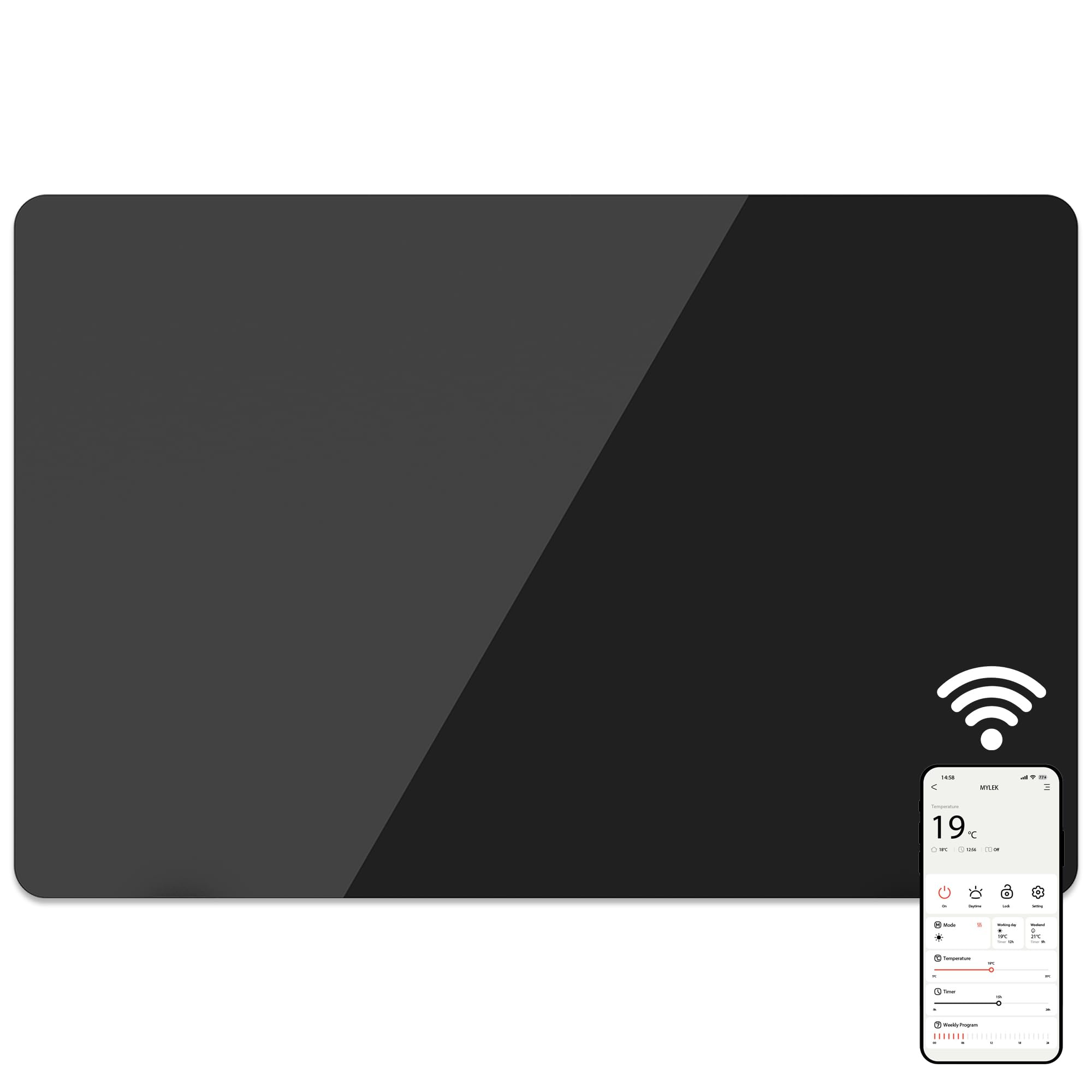 Mylek Radiator Glass Panel Heater Black Slimline, Wifi Enabled Smart APP 1400W, Open Window Detection, Wall Mounted Or Free Standing, Low Energy Heaters, Timer, Lot 20, (Black 1.4KW)
