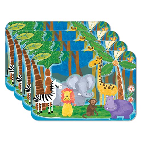 CounterArt Jungle Friends 4 Pack Reversible Easy Care Flexible Plastic Placemats for Children Made in The USA BPA Free PVC Free Easily Wipes Clean