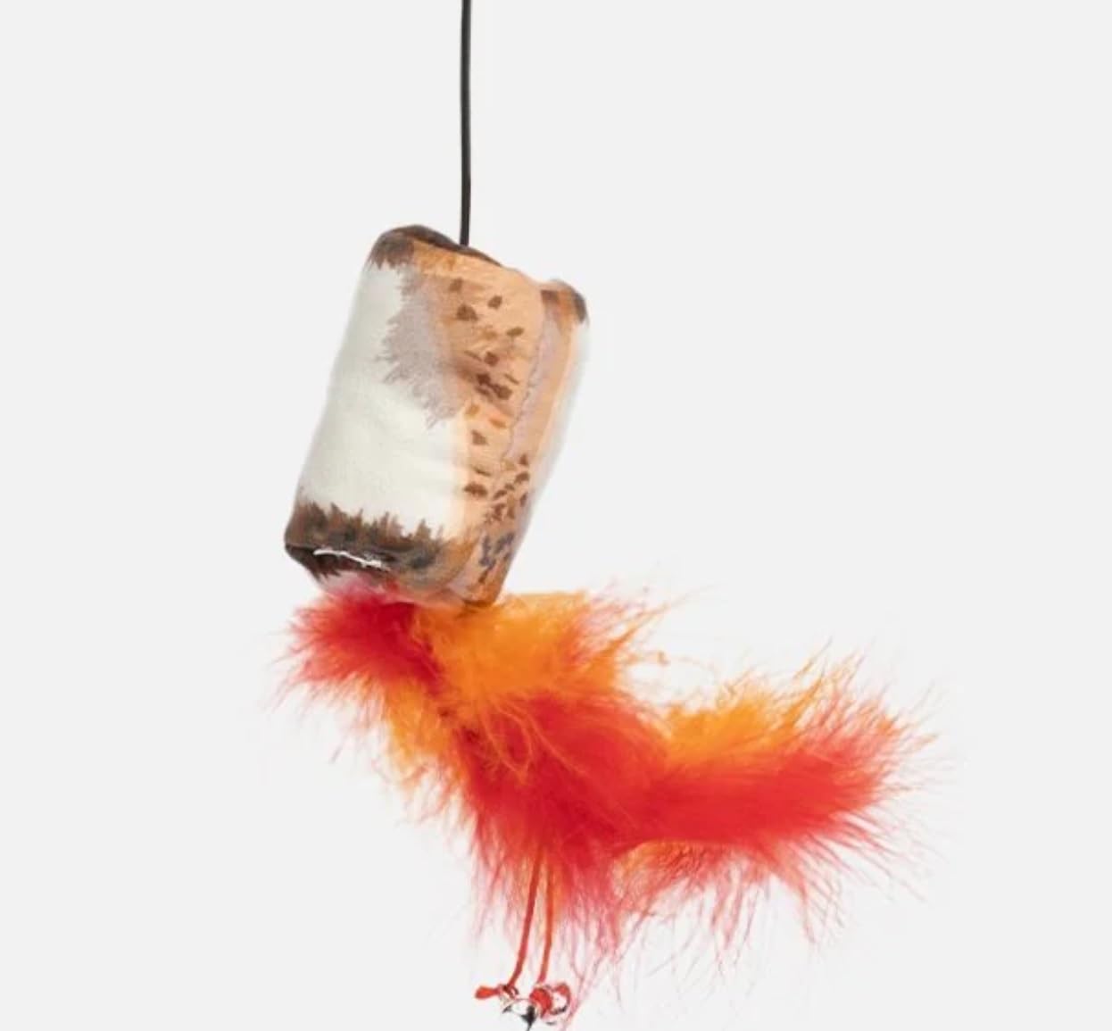 Silver Paw Toasted Marshmallow Cat Toy Teaser Plush w/Bungee Cord Feathers & Bells