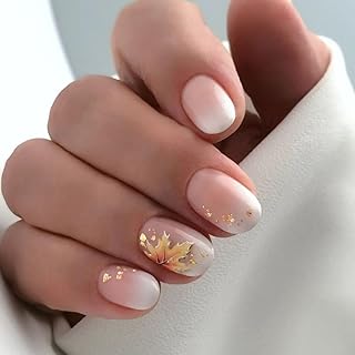 Fall Press on Nails Thanksgiving Day Fake Nails, LPOODDNU Maple Leaf Press on Nails Short Square False Nails with Designs Cute Nude Autumn Glue on Nails Short Stick on Nails for Women, 24Pcs