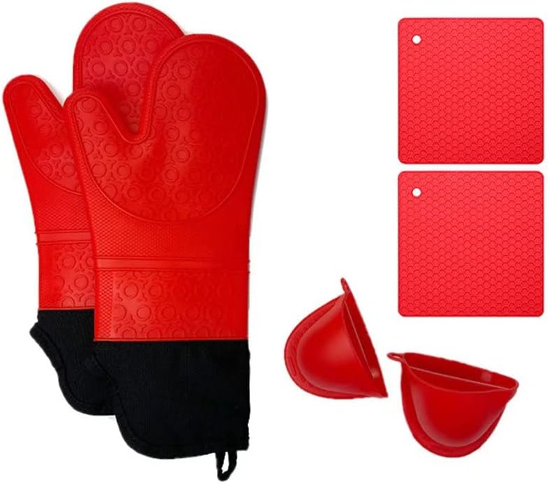 Oven Gloves, Heat Resistant Silicone Oven Glove Set with Mini Oven Gloves and Warm Pad Pot Holder for Kitchen Baking Cooking, 6-Pack (Red)