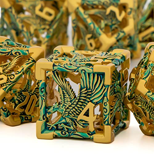 Kerwellsi D&D Dice Set, Dungeons And Dragons Dice With Gift Box, 7 Piece Metal Hollow Dnd Dice Set, Gold Blue Rpg Polyhedral Dice Set, Eagle Role Playing D And D Dice D20 D12 D10 D8 D6 D4 #TOP7