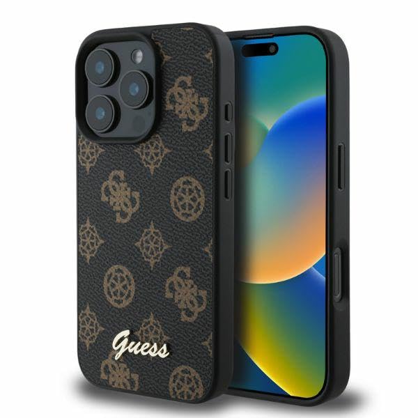 CG MOBILE Guess GUHMP16LPGPYSK Case for iPhone 16 Pro 6.3 Inch Black Hard Case Peony Script