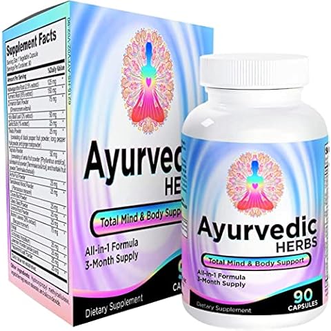 Ayurvedic Herbs (All-in-1) Supplement 3-Month Supply - Ayurveda Mind, Body & Spirit Herbal Blend Complex with 17 Active Ingredients - Natural Ayurvedic Supplements - 90 Capsules Cover