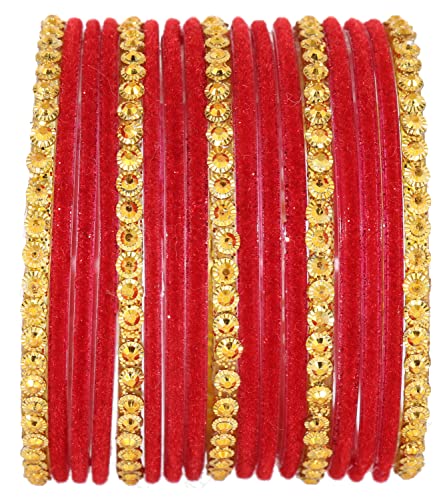Image of NMII Premium Glass & Golden Beads Velvet Bangle Set For Women and Girls | Velvet Chudi | Traditional Chudi Set | Designer Girl's Bangles Bracelet | Wedding, Party, Festive, Daily- Set of 34