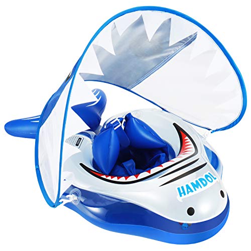 Shark Baby Pool Float Baby with Canopy Baby Swimming Float Inflatable Baby Infant Toddler Pool Float with Safe Bottom Support & Swim Buoy for Age 3-36 Months Large