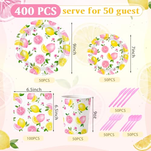 Funnymoom 400 Pcs Pink Lemon Party Supplies for 50 Guests Summer Pink Lemon Birthday Paper Plates and Napkins Knives Spoon Fork Cup Set Cutlery for Lemonade Theme Birthday Summer Bridal Shower by Funnymoom - Used condition - Image 3
