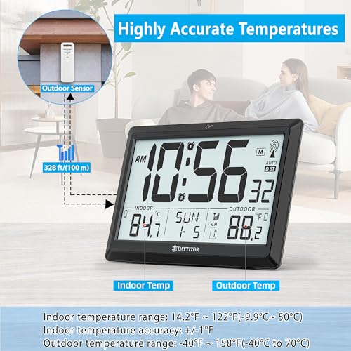 Atomic Clock Wall with Indoor/Outdoor Temp & 10.5" Large LCD Display, Black - Image 3