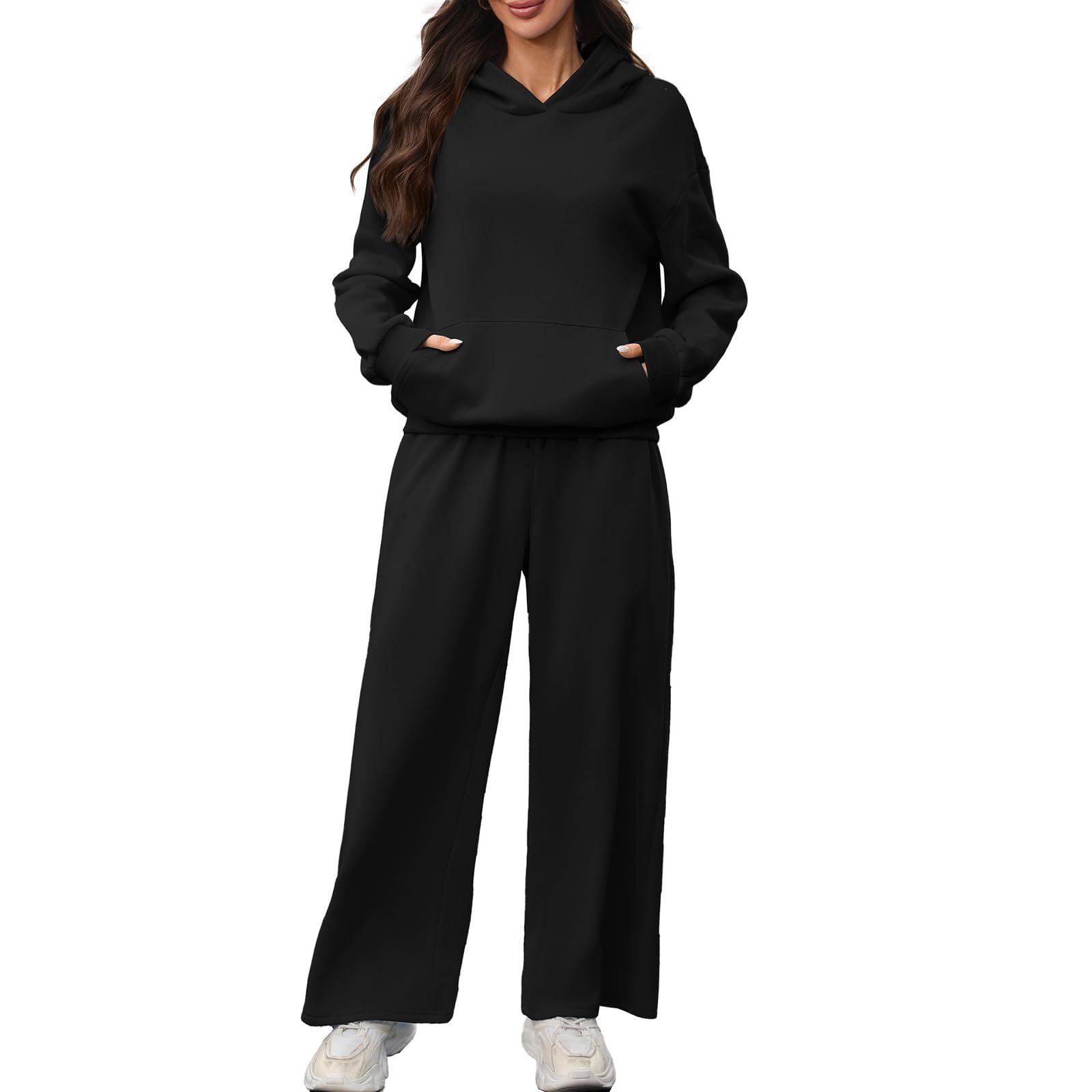 Jogginganzug Damen Langarm Kapuze Taschen Bündchen Hausanzug Weite Hose Elastischer Bund Kordelzug Trainingsanzug Zweiteiler Set Trainingsanzug Damen Locker Bequem Weich Bündchen Langarm