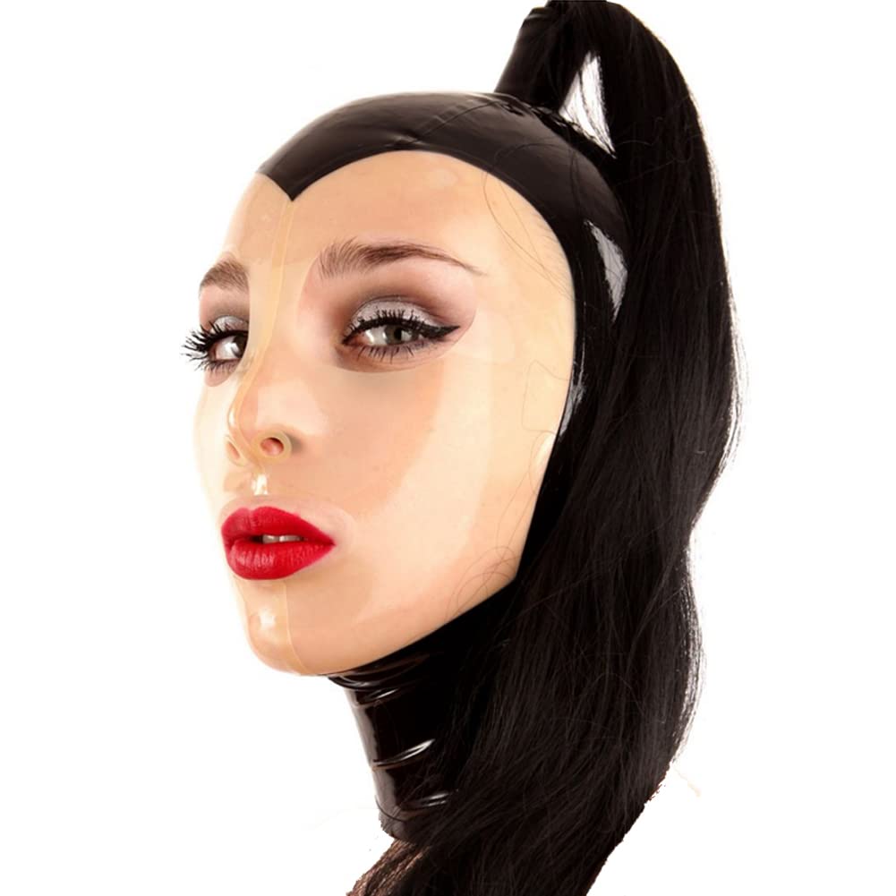 LEIMILatex Hood Women Gummi Rubber Full Cover Mask Big Eyes With Single Pontail WigsTransparent Latex Mask