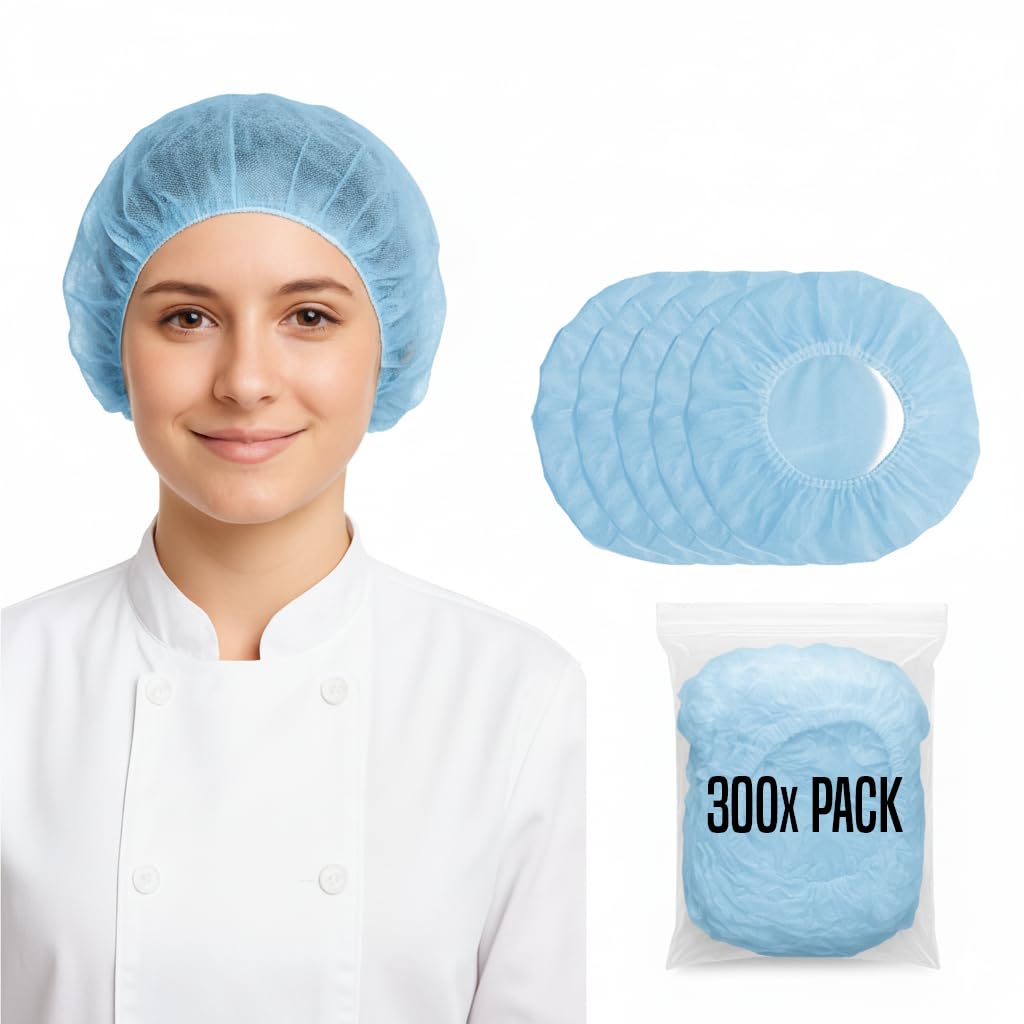 Rap Gloves Unisex Blue Disposable Hair Nets Mob Caps 300Pcs Bulk Premium Hair Covers With Double Elastic Lightweight And Breathable Hygiene Caps Ideal For Kitchen Catering Food Handling And Medical Safety Use.