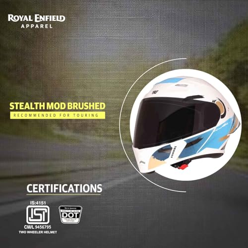 Image of Royal Enfield Stealth MOD Brushed Modular Helmet | Certification: ISI & DOT | Shell Construction: High Impact Grade ABS & Fiberglass Composite | Weight: 1200 + /-50 | Blue M