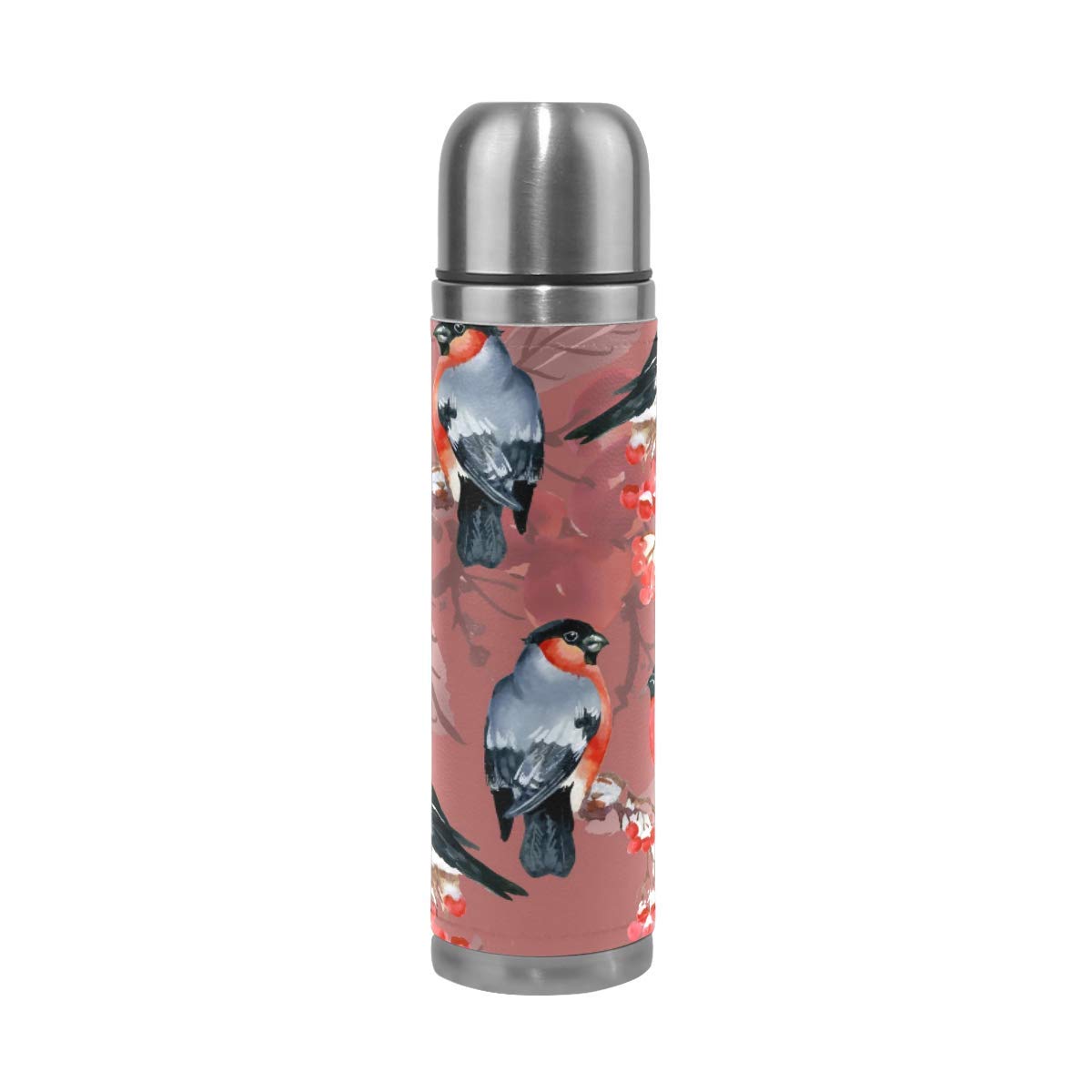 Thermos Cup mug Water Bottle Bullfinch Birds-On Tree Branch Red Stainless Steel PU Leather Vacuum Insulated Travel Mug 17OZ Double Walled Coffee Cup Flask
