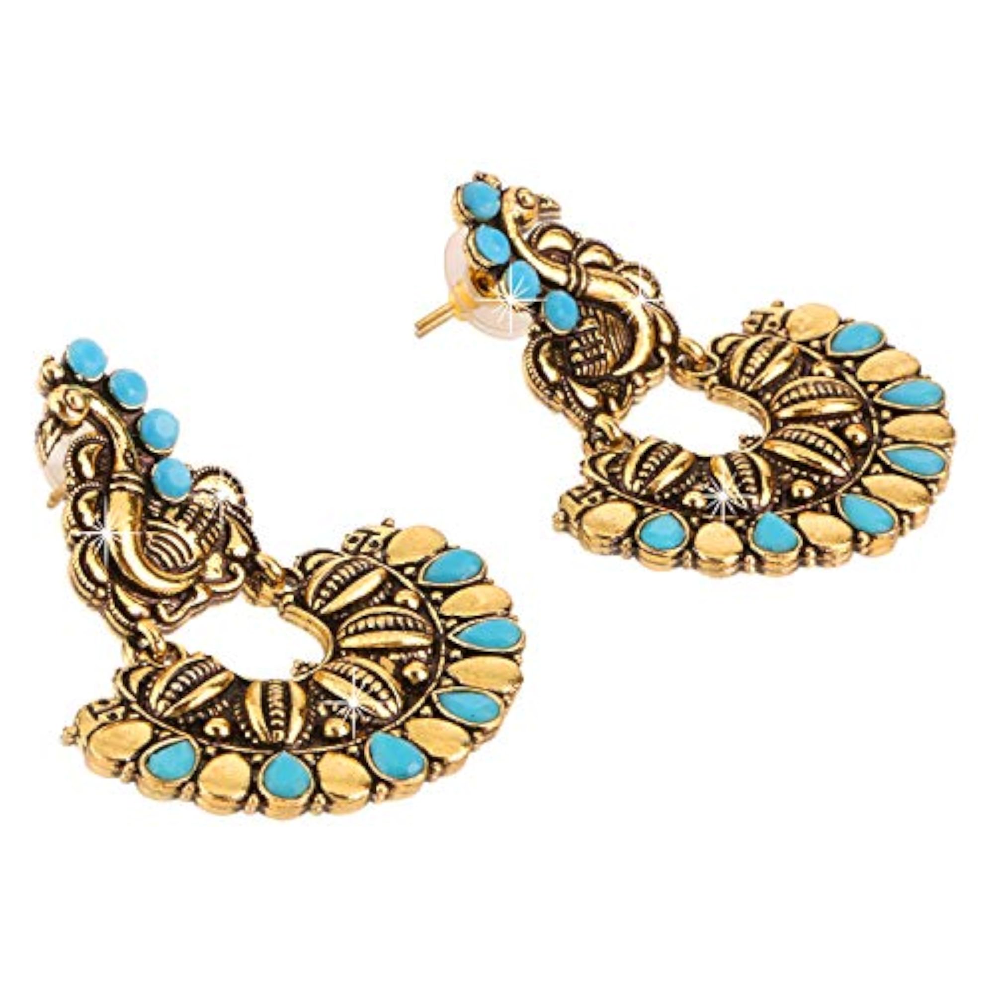 Women's Turquoise Peacock Shaped Oxidised Chandbali Earrings
