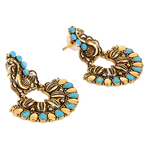 Women's Turquoise Peacock Shaped Oxidised Chandbali Earrings