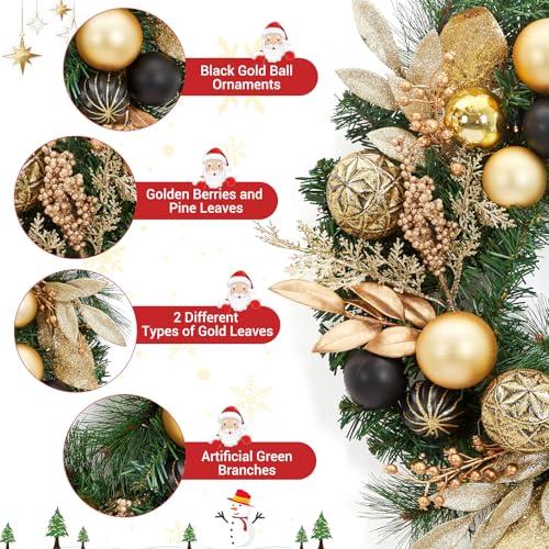 22 Inch Artificial Christmas Wreath, Pre-Lit Lighted Christmas Wreath with Ball Ornaments, Golden Leaves, Pine Needles, Winter Xmas Wreath with Timer for Door Window Fireplace