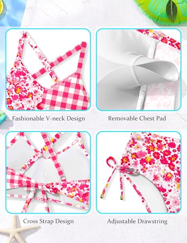 Image of Teen Girls Swimsuits V-Neck Bikini Set Bathing Suits Cross Straps Two Piece Swimwear with Drawstring