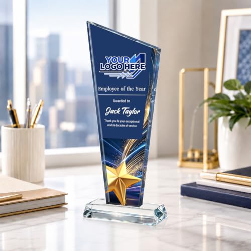 Image of Custom Crystal Trophy Award Personalized Plaque Award with Text Logo Photo Awards Trophies for Employee Recognition Team Graduation Personalized Office Gifts for Boss Coworker Teacher