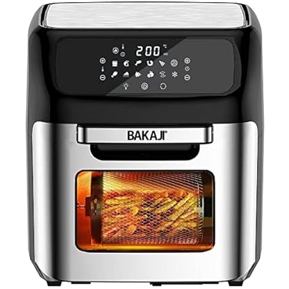 Bakaji Backofen Heißluftfritteuse Fritteuse zum Kochen von trockenem Grill ohne Öl Airfryer Kapazität 12 Liter LED-Touch-Display 12 Programme Timer Temperaturregelung Leistung 1800 W (Silber)