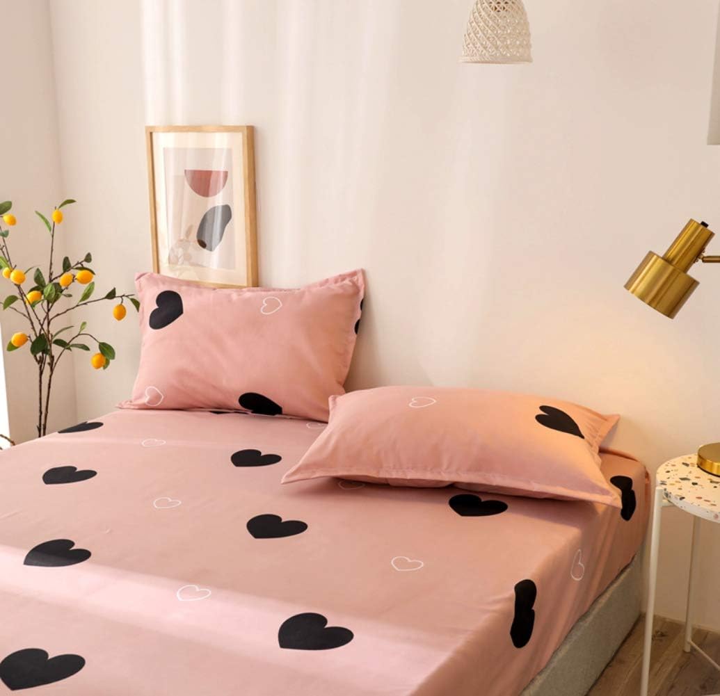 Girls Cute Heart Pattern Fitted Sheet for Kids Queen Size Lovely Pink Black Bedroom Decor Bed Sheet Set Girly Cartoon Love Geometric Bedding Set Children Modern Design Bed Cover with 2 Pillow Case