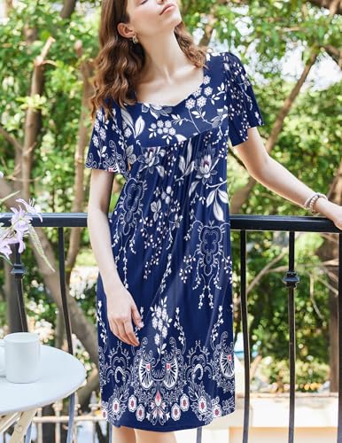 Image of Ekouaer Women's House Dress - Pleated Nightgown with Short Sleeves & Pockets
