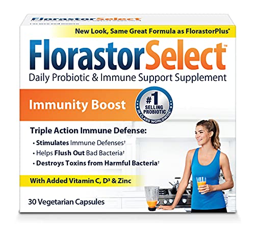 Florastor Select Immunity Boost Daily Probiotic & Immune Support Supplement for Women and Men, Saccharomyces Boulardii CNCM I-745 Plus Zinc, Vitamin C & D3, 30 Caps, Package May Vary