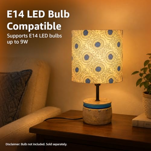 Image of Amazon Basics Kashida Bloom Table Lamp | Hand-Painted Mango Wood Base with Printed Polyester Shade | E14 Holder | Decorative Night Lamp for Bedroom, Living Room & Study Room | Home Decor Gift