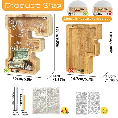 Mikytoper Letter Money Box for Kids Large Wooden Personalized A-Z Piggy Bank Clear Alphabet Money Bank Coin Bank for Gift Decoration Baptism (F) - Image 2