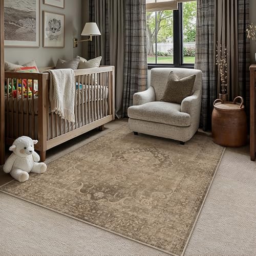 Brown 3x5 Vintage Washable Thin Area Rug Traditional Distressed Indoor Non Slip Soft Low Pile Carpet, Easy Care for High Traffic Soft Rugs in Bedroom