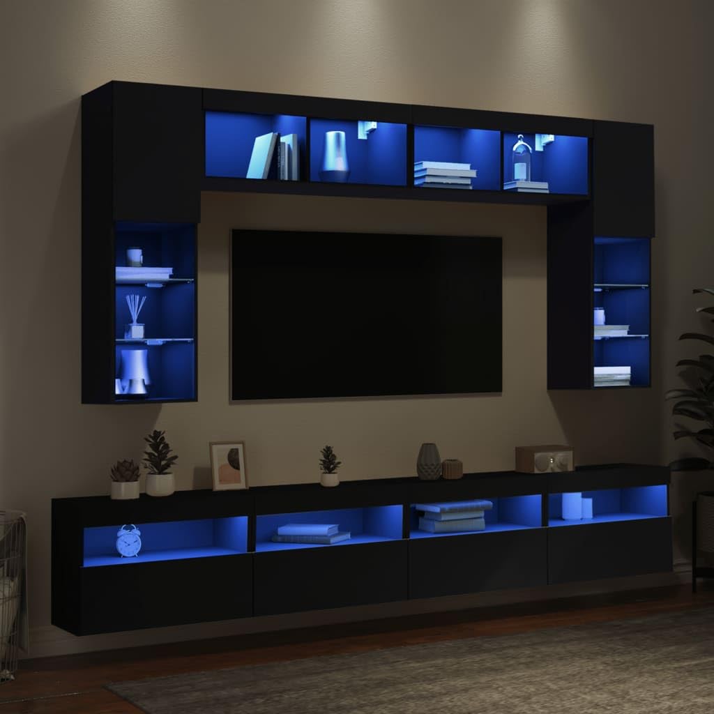 8-częściowy zestaw szafek ściennych do telewizora ze światłami LED – nowoczesne czarne centrum rozrywki, uniwersalna półka Sto i stół konsolowy do salonu i sypialni