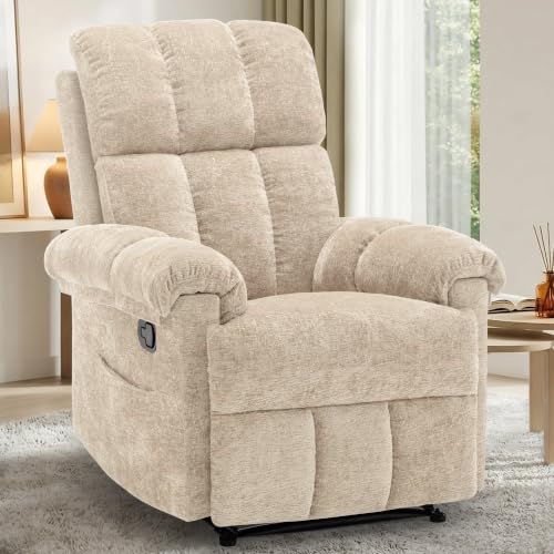 Image of Korser Recliner Chair, Living Room Recliner Chairs for Adults, Small Recliners for Small Spaces, Upholstered Manual Recliner with Side Pockets, Nursery Recliner Chair for Living Room, Chenille, Khaki