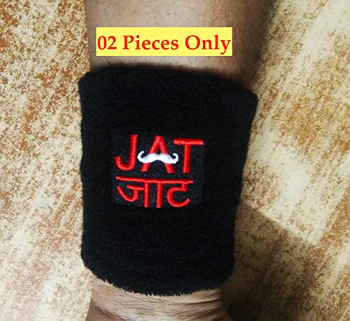 Image of Cotton Play2Fit 2 Wristband (1 Pair) Soft Sweatband For All Sport, Stretchable, Sweat Absorbent Supports Wrist Made In India (Jatt Embroidery, 4 Inch, Black, Red)
