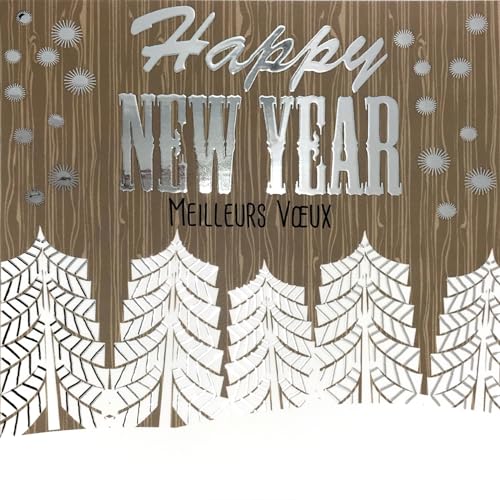 Happy New Year Best Wishes Glossy Silver Square Card with White Envelope 15 x 15 cm, Christmas Trees Wooden Snowflakes Winter - Image 2