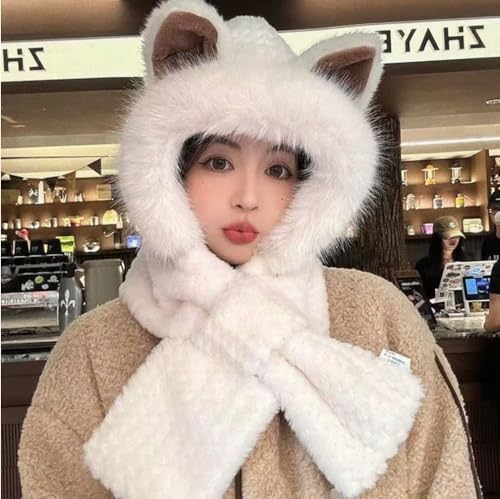 Cute Fox Ears 2 in 1 Hat and Scarf, Plush Cap Ear Protection One Piece Set, Winter Warm Hat Scarf for woman2