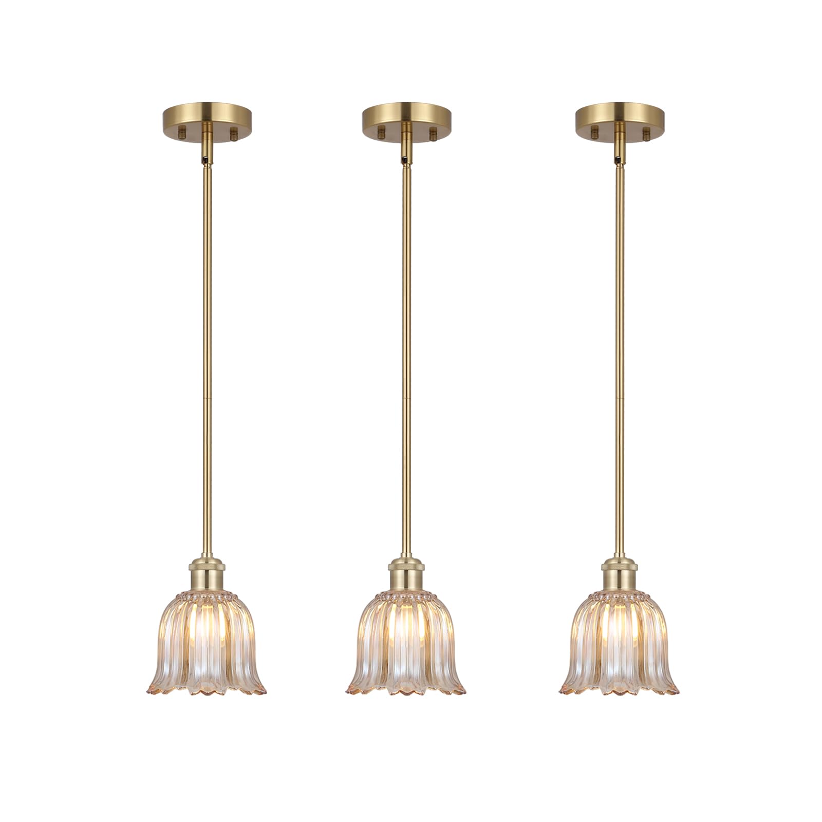 Modern Gold Pendant Light 3 Pack Brushed Brass Mid Century Chandelier Amber Glass Shades Adjustable Rods Farmhouse Ceiling Hanging Lighting Fixture Kitchen Island Dining Room Bedroom