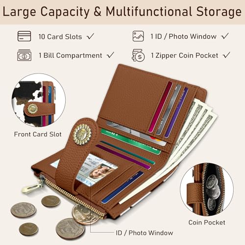 Image of Kelvoris Cow Print Brown Small Rfid Women Wallet Bifold Zipper Coin Pocket | PU Leather Compact Cash Credit Card Holder Travel Purse for Female Ladies Teen Girls 1 ID Window 10 Card Slots
