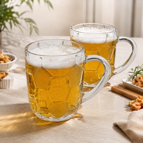 Image of WRINGO Beer Mugs Set of 2, 450ML Glass Mug with Handle, Large Big Heavy Mugs for Freezer, Multipurpose Mugs, Dishwasher & Microwave Safe (BR-14)