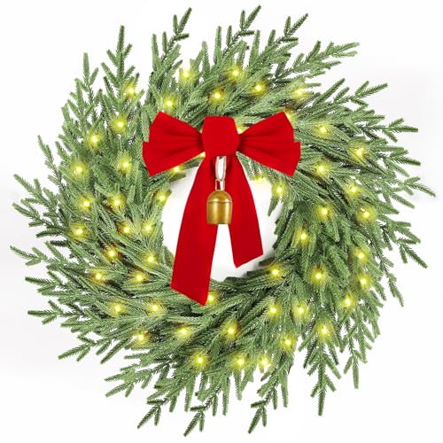 Image of Christmas Wreath with Lights,26 inch Real Touch Pine Wreath with Bow and Bell, Artificial Christmas Wreaths for Front Door,Outdoor Winter Wreath for Indoor,Wall,Window Festival Decor