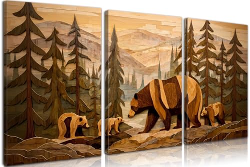 Image of Frimeeme Framed Rustic Cabin Decor Bear Wall Art Set of 3 v, 12 inchx16 inchInch | Bear Wall Art Woodland Theme Decor for Cabin, Farmhouse, Living Room, Bathroom,Rustic Forest
