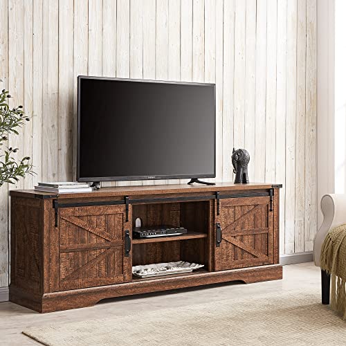 Okd Farmhouse Tv Stand For 75 Inch Tv, Rustic Entertainment Center W/Sliding Barn Door Wood Media Console Cabinet 66 Inch Long Television Stands For 70 Inch Tvs, Reclaimed Barnwood Color #TOP5