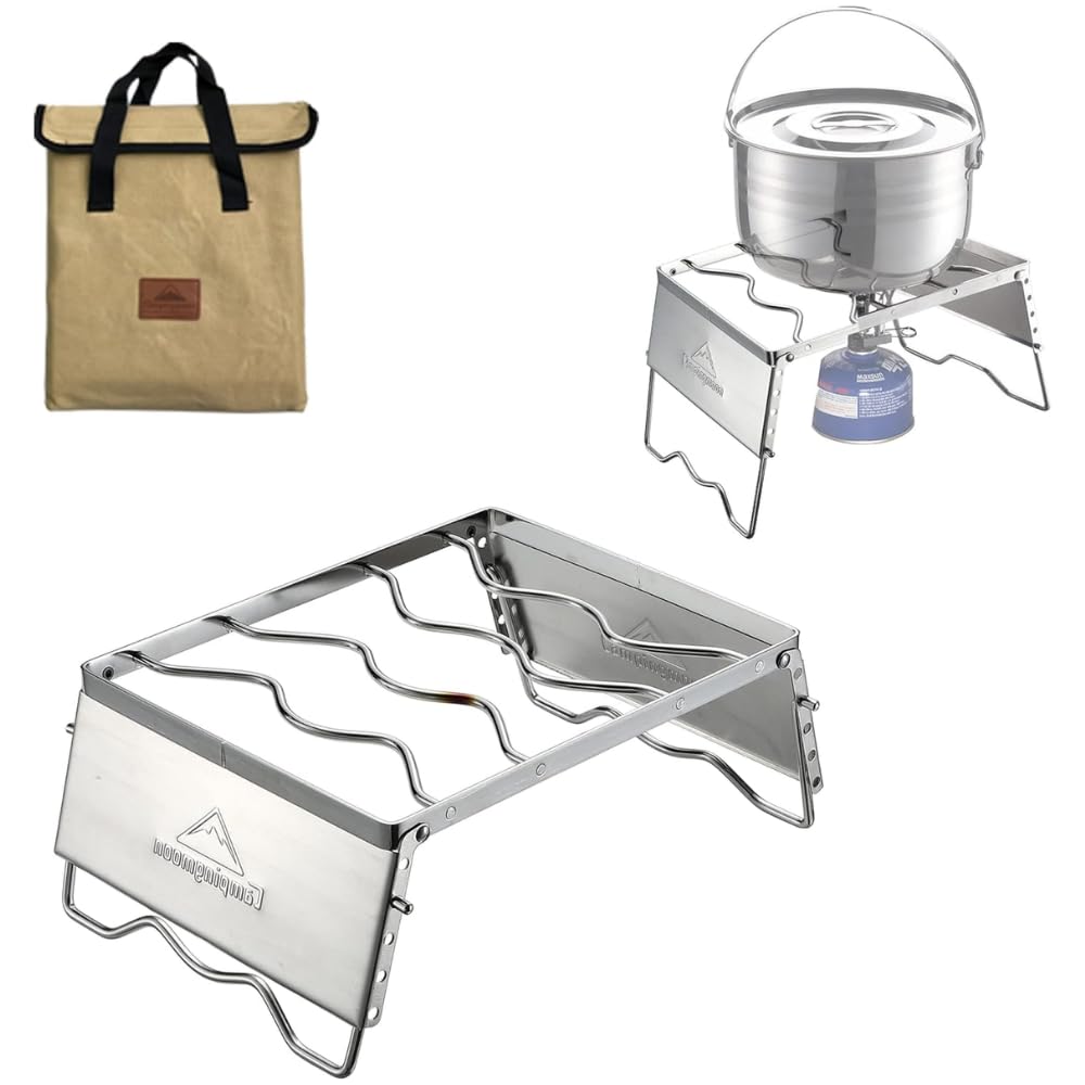 CAMPINGMOON Portable Campfire Grill for Fire Pit, 304 Stainless Steel Folding Camping Grill with Windscreen, Dutch Oven Cooking Stand Open Fire BBQ Rack for Camping, Bushcraft Outdoor Cooking